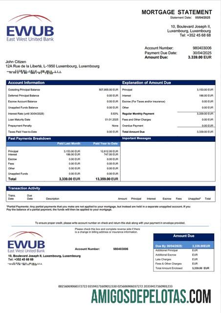 realista Modelo Word e PDF de declaração de hipoteca do East West United Bank de Luxemburgo